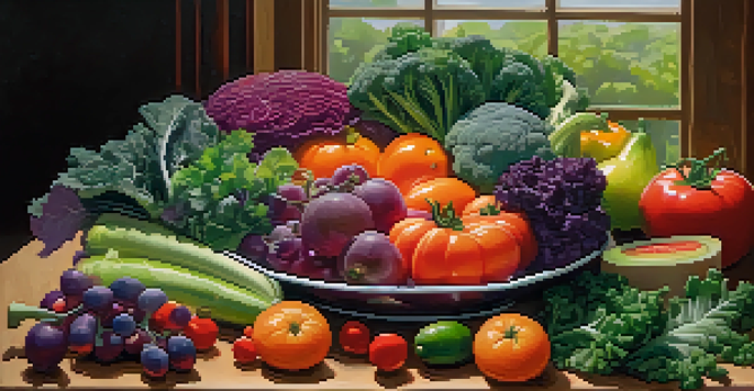 A colorful assortment of raw fruits and vegetables displayed on a wooden table, illuminated by natural light.
