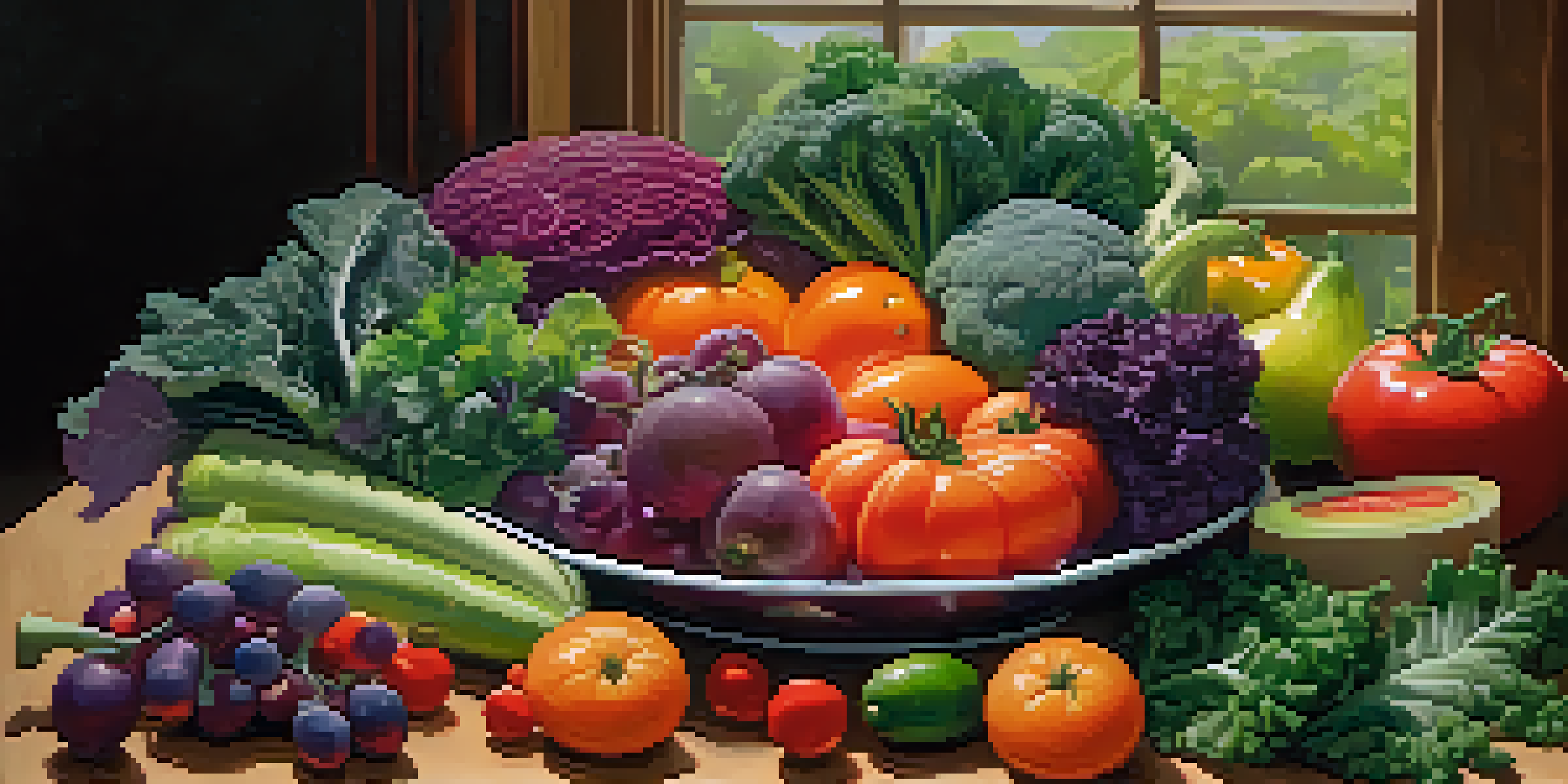 A colorful assortment of raw fruits and vegetables displayed on a wooden table, illuminated by natural light.
