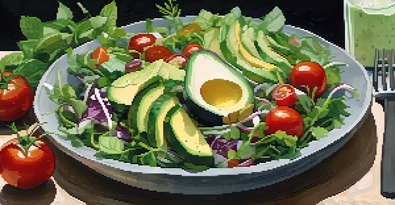An overhead view of a colorful salad in a wooden bowl, surrounded by fresh herbs and whole fruits.