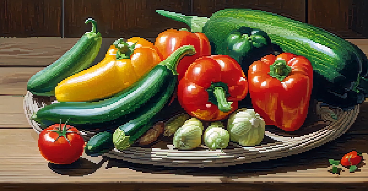 A colorful assortment of fresh seasonal vegetables displayed on a wooden table, showcasing their vibrant colors and textures.