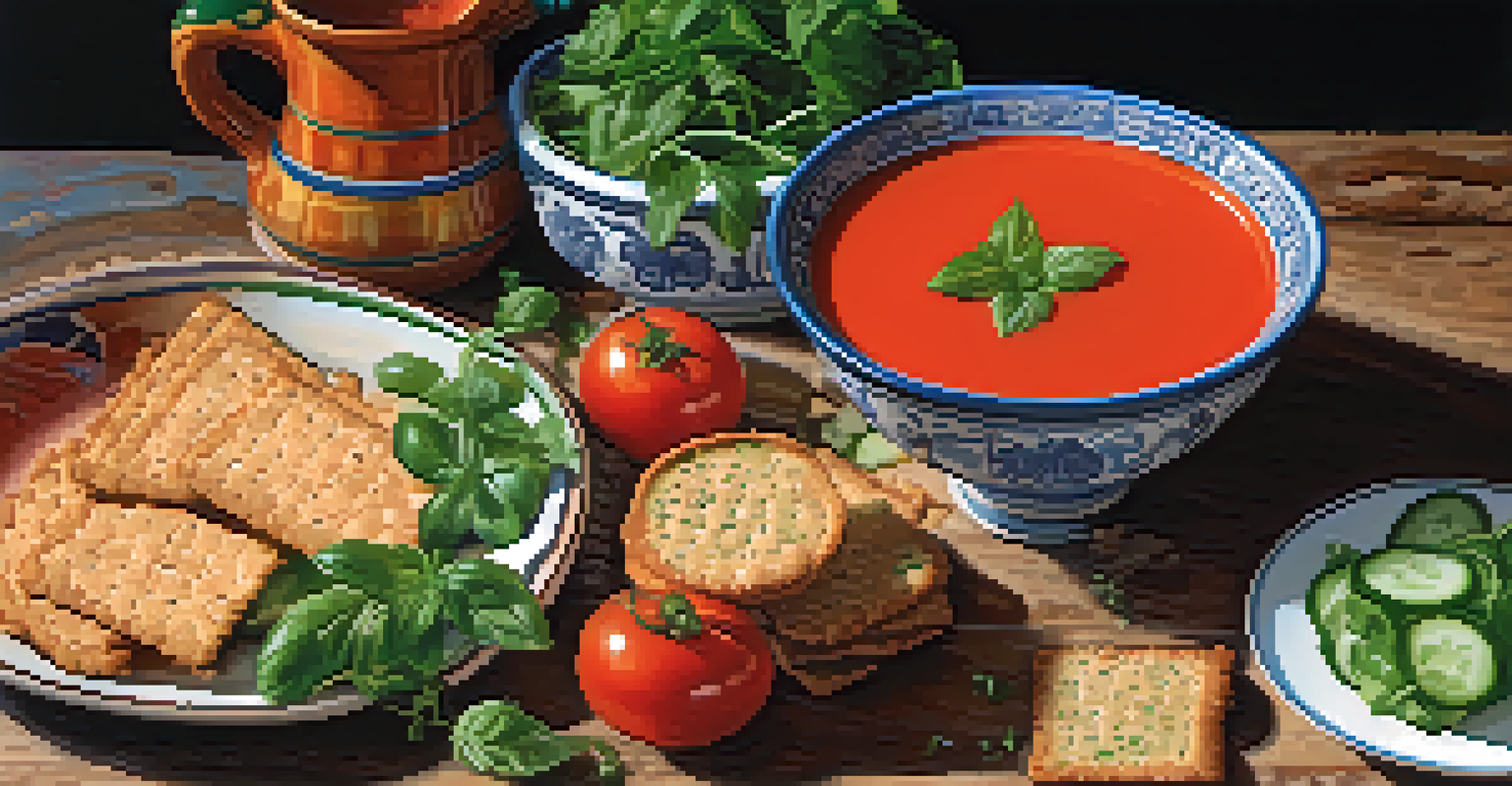 A bowl of raw tomato and cucumber soup garnished with basil and parsley, served with raw crackers and salad in a cozy kitchen setting.