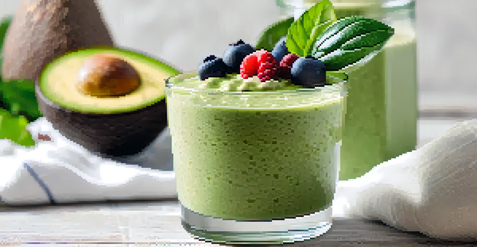 A green raw keto smoothie in a glass, topped with fresh berries and chia seeds, placed on a wooden table with avocados and berries in the background.