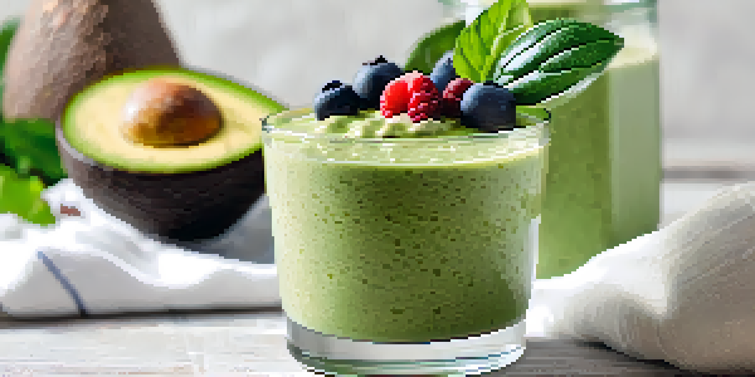 A green raw keto smoothie in a glass, topped with fresh berries and chia seeds, placed on a wooden table with avocados and berries in the background.