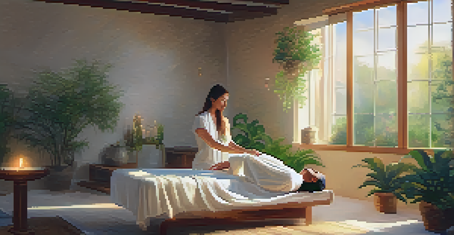 A Reiki healing session with a practitioner gently placing hands above a client's body in a peaceful, candle-lit room.