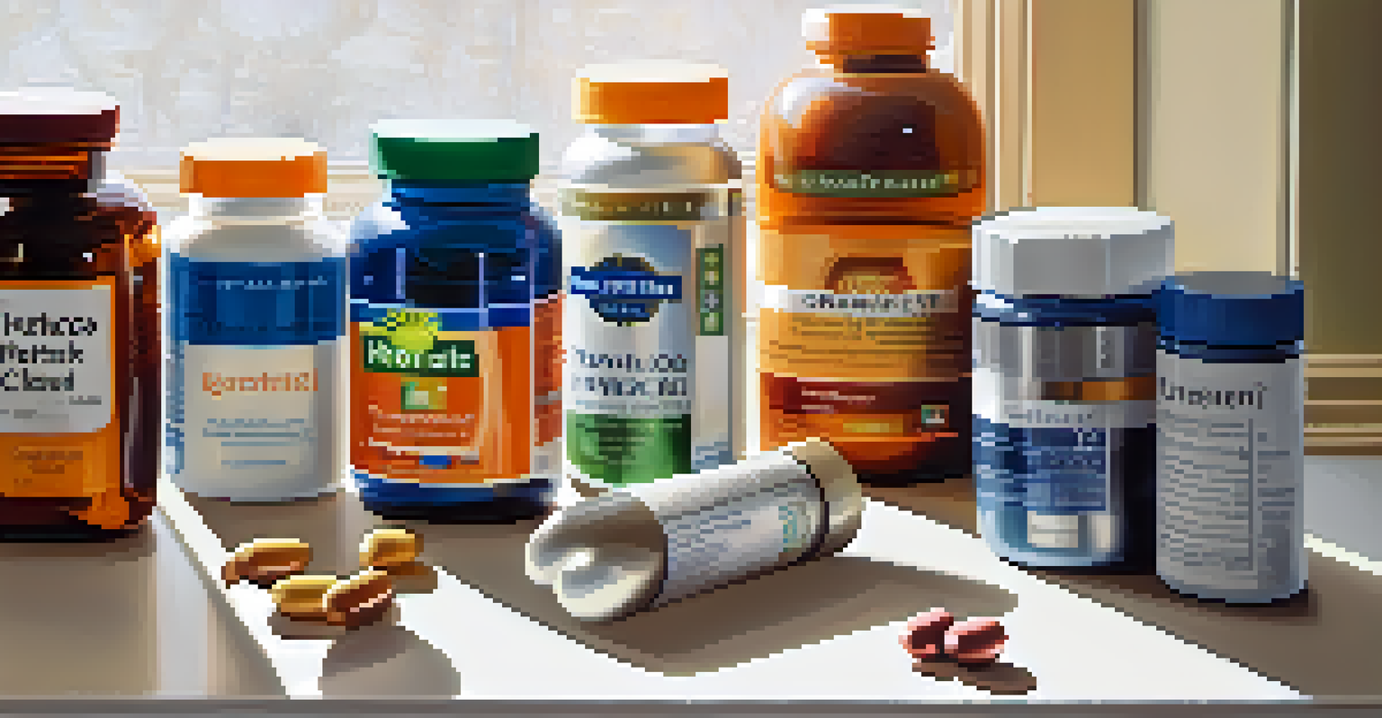 An assortment of dietary supplements including capsules and powders on a kitchen counter with a glass of water, illuminated by sunlight.