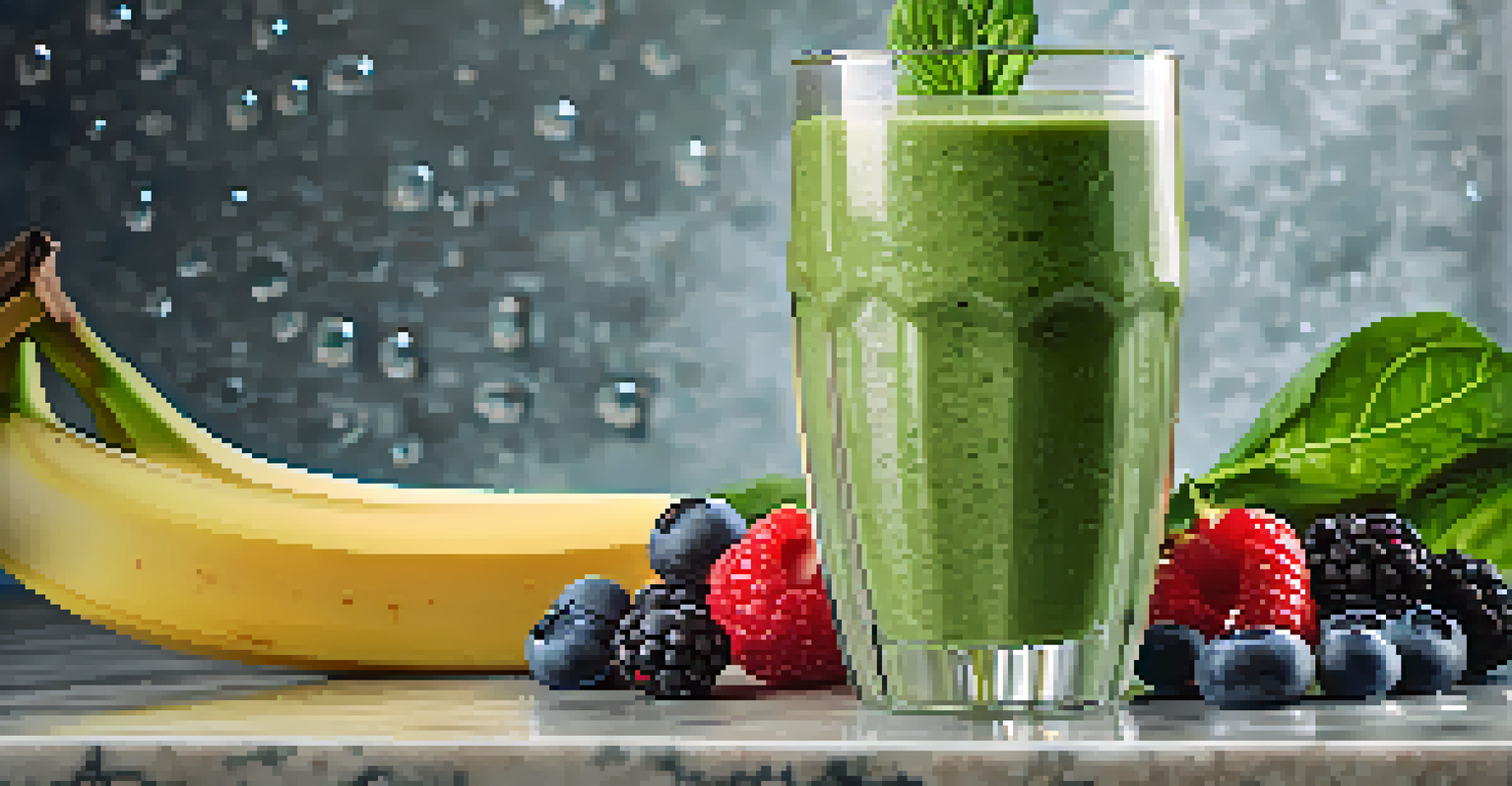 A close-up of a green smoothie in a clear glass, garnished with mint leaves, sitting on a stone countertop with condensation on the glass.