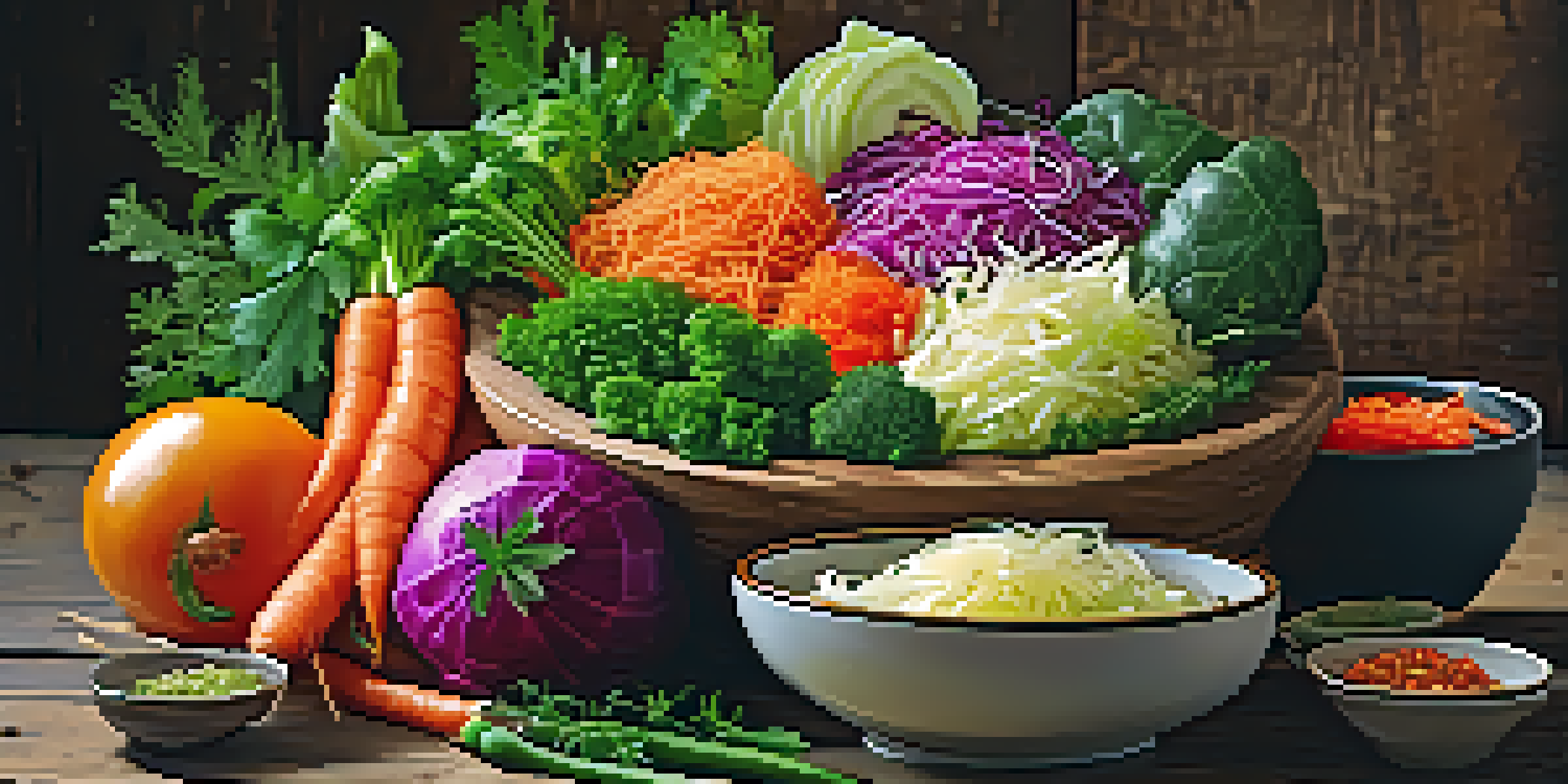 A bowl filled with colorful fermented foods like sauerkraut and kimchi on a wooden table, garnished with herbs.