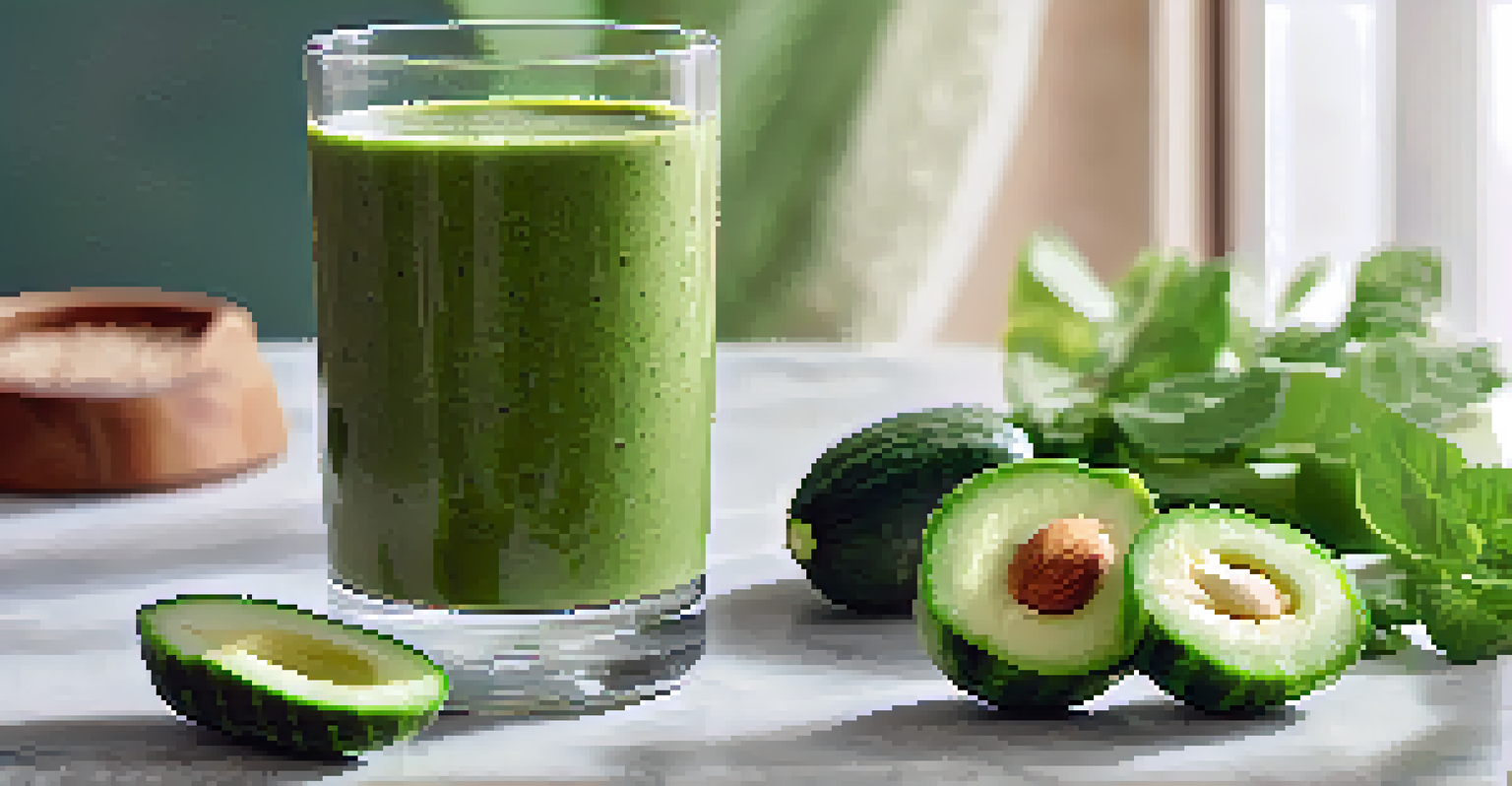 A Green Goddess smoothie in a clear glass, surrounded by cucumber slices and almond butter on a marble table.