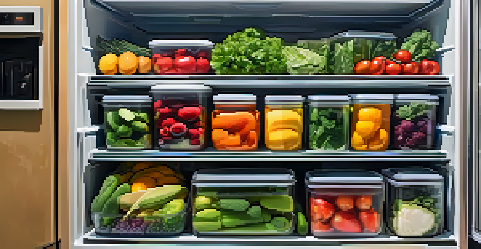 A well-organized fridge filled with fresh fruits and vegetables in clear containers, displaying a vibrant assortment of raw ingredients.