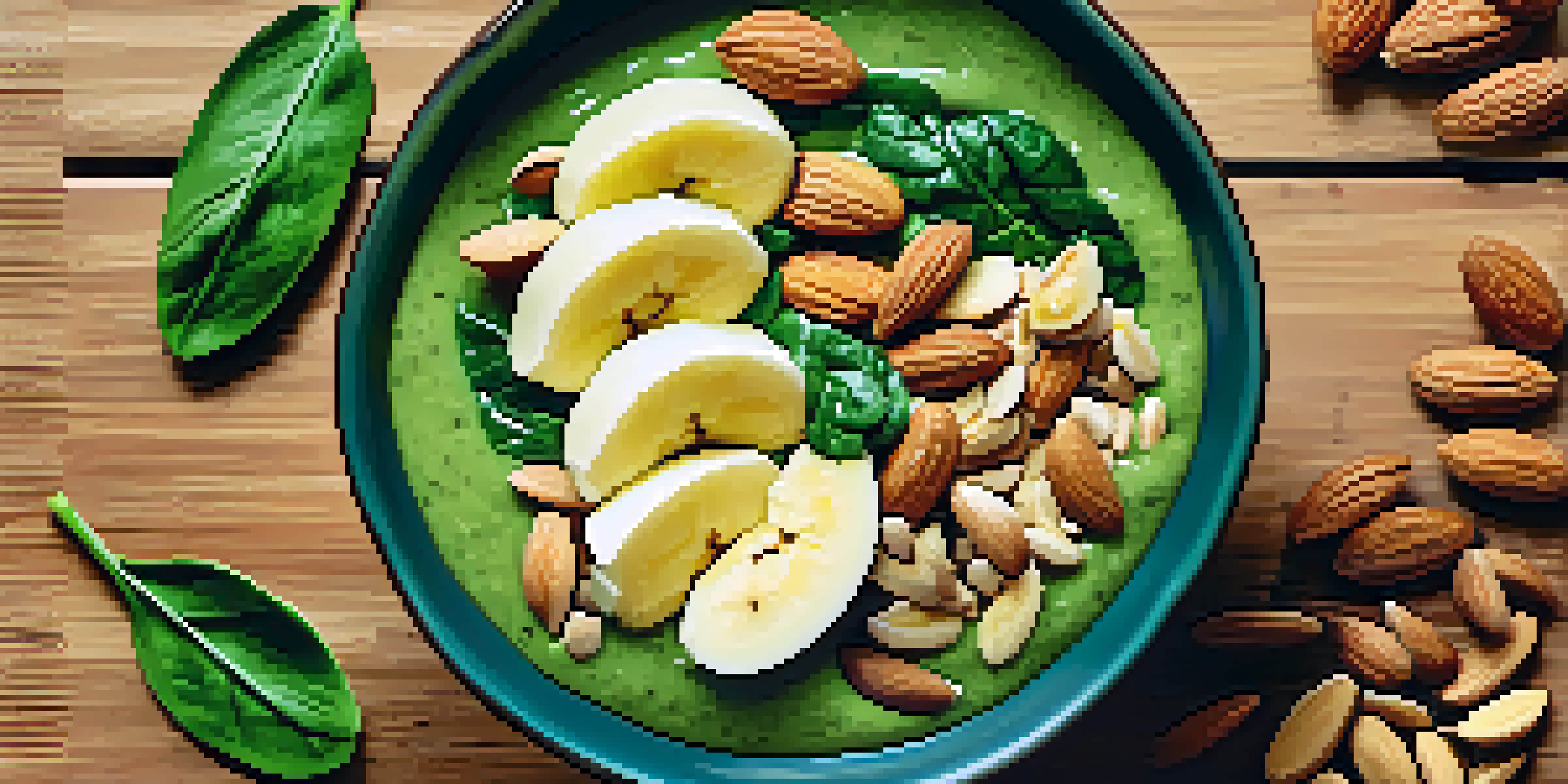 A smoothie bowl with spinach, bananas, and almonds on a wooden table, illuminated by sunlight.
