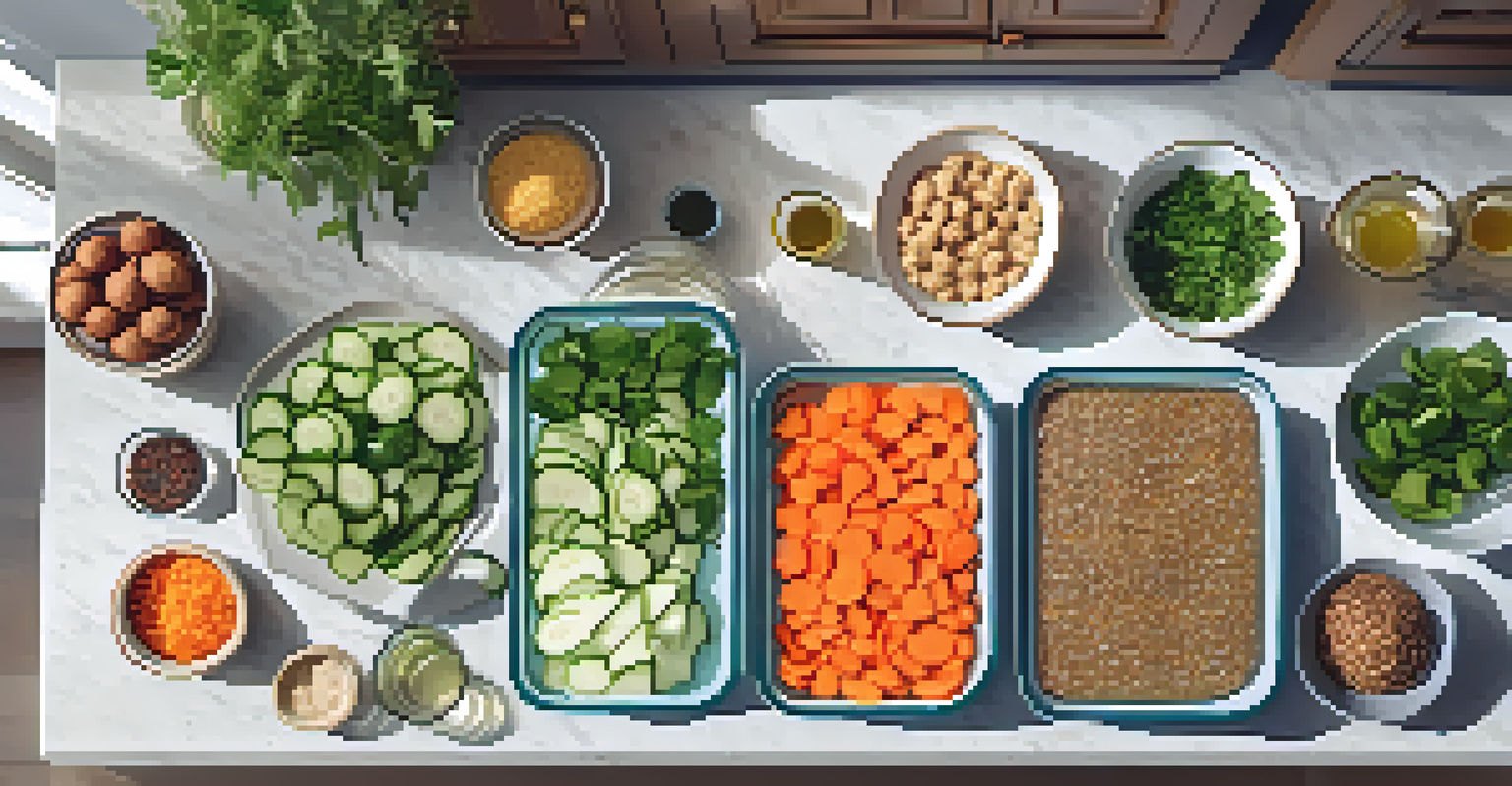 An organized meal prep station with containers of raw vegetables and snacks on a kitchen countertop.