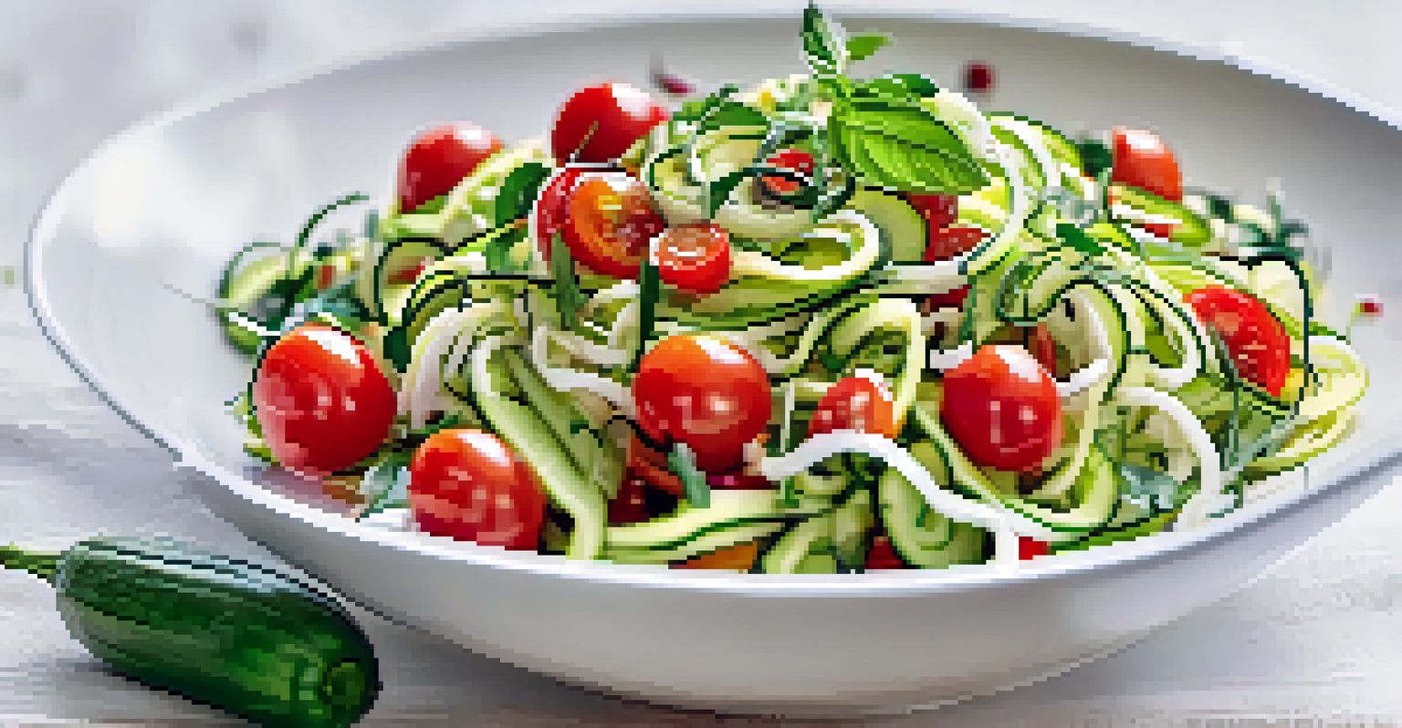 A close-up of a raw zucchini noodle salad with cherry tomatoes and basil in a white bowl, showcasing vibrant colors.