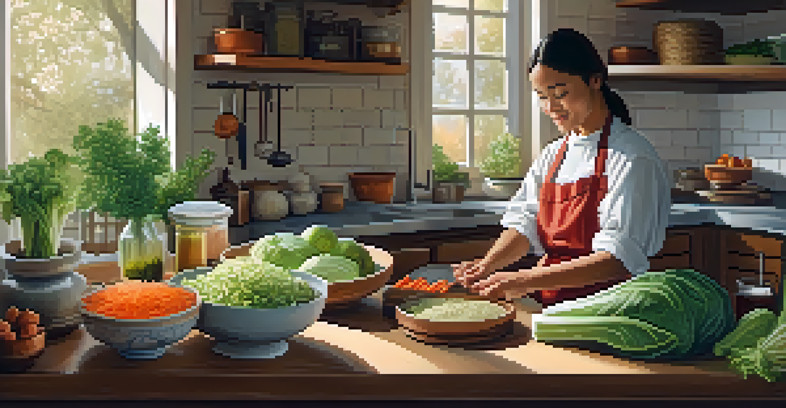 A kitchen scene with a person preparing homemade fermented vegetables with fresh ingredients and jars.