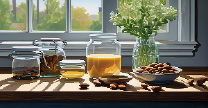 A kitchen countertop with a blender, soaking almonds in a bowl, and jars of honey and vanilla extract, illuminated by soft morning light.