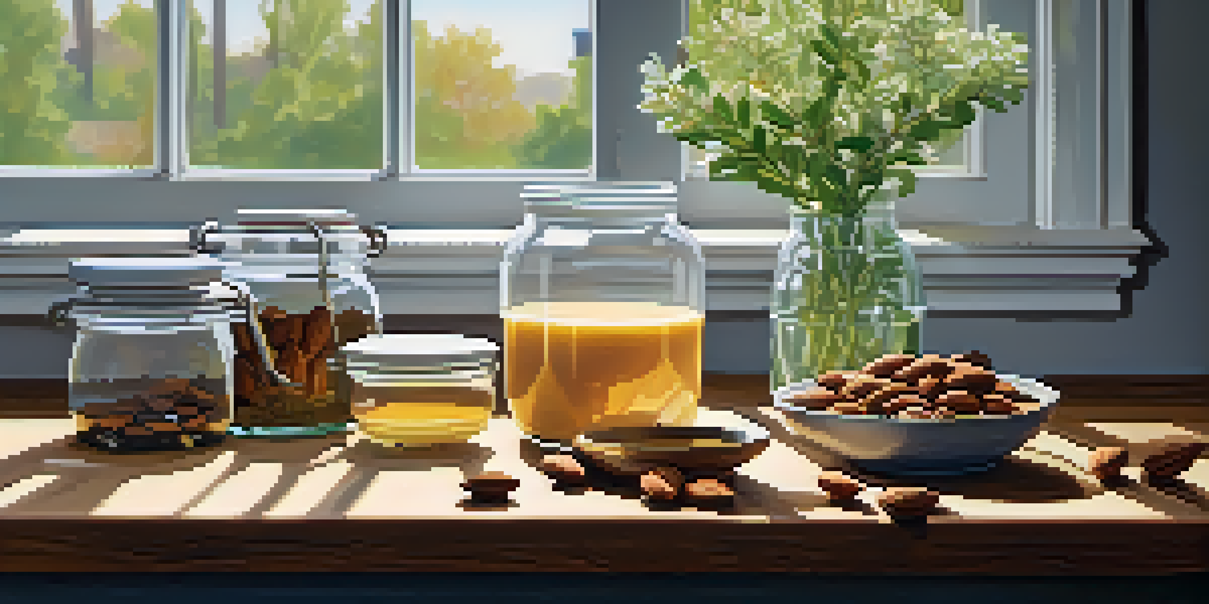 A kitchen countertop with a blender, soaking almonds in a bowl, and jars of honey and vanilla extract, illuminated by soft morning light.
