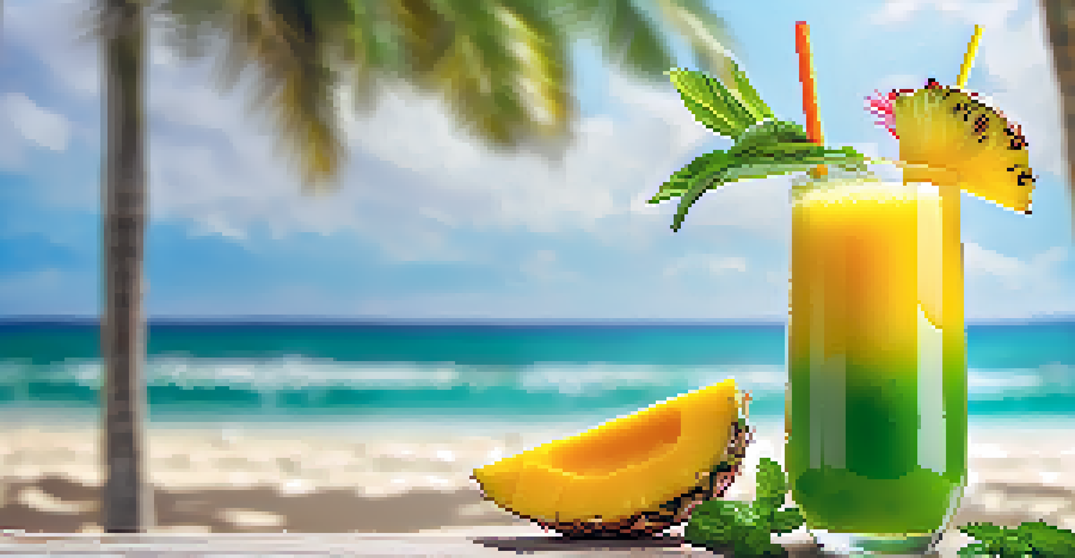 A tall glass of tropical juice made from pineapple, mango, and coconut water, topped with mint leaves and a straw, with a beach background.