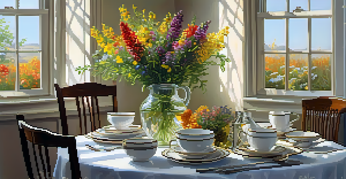 A warm dining room featuring a table set with a wildflower centerpiece and sunlight illuminating the scene.
