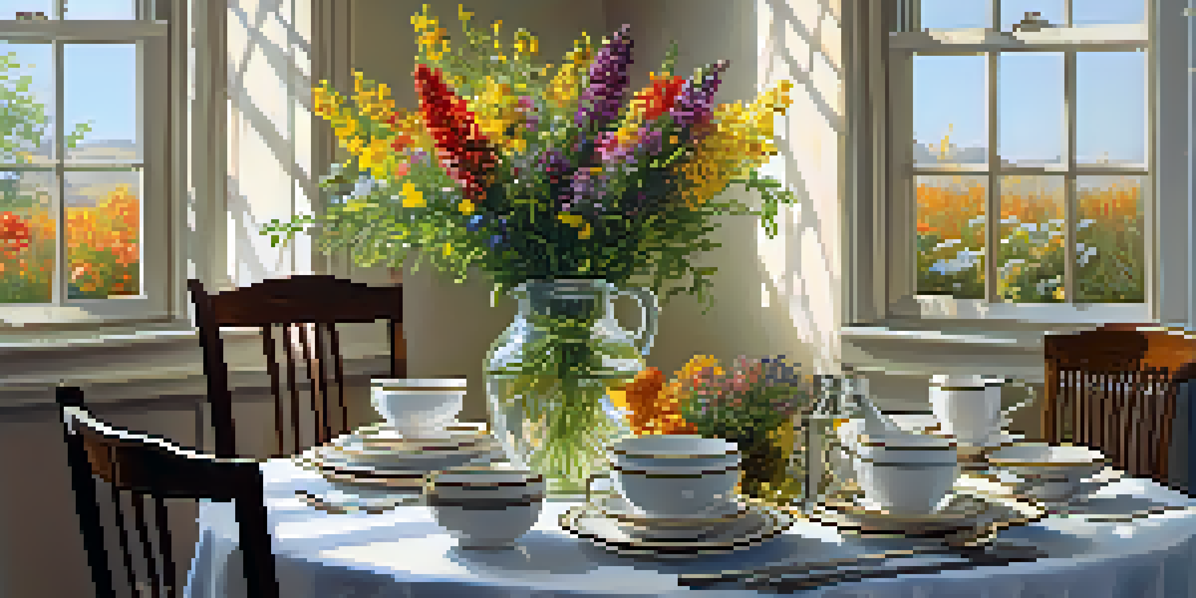 A warm dining room featuring a table set with a wildflower centerpiece and sunlight illuminating the scene.