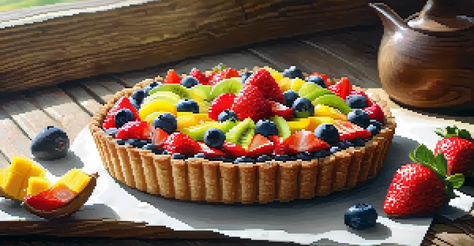 A raw fruit tart with colorful fresh fruits on top, sitting on a wooden table.