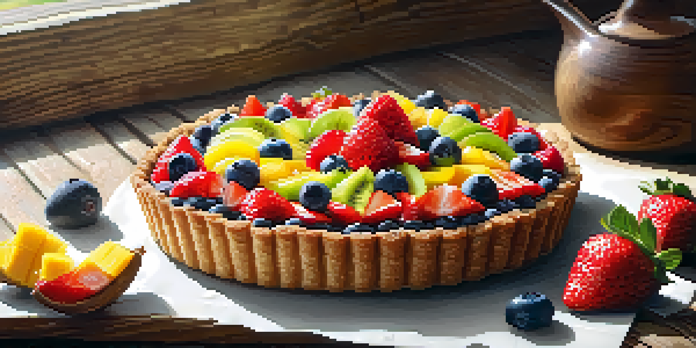 A raw fruit tart with colorful fresh fruits on top, sitting on a wooden table.