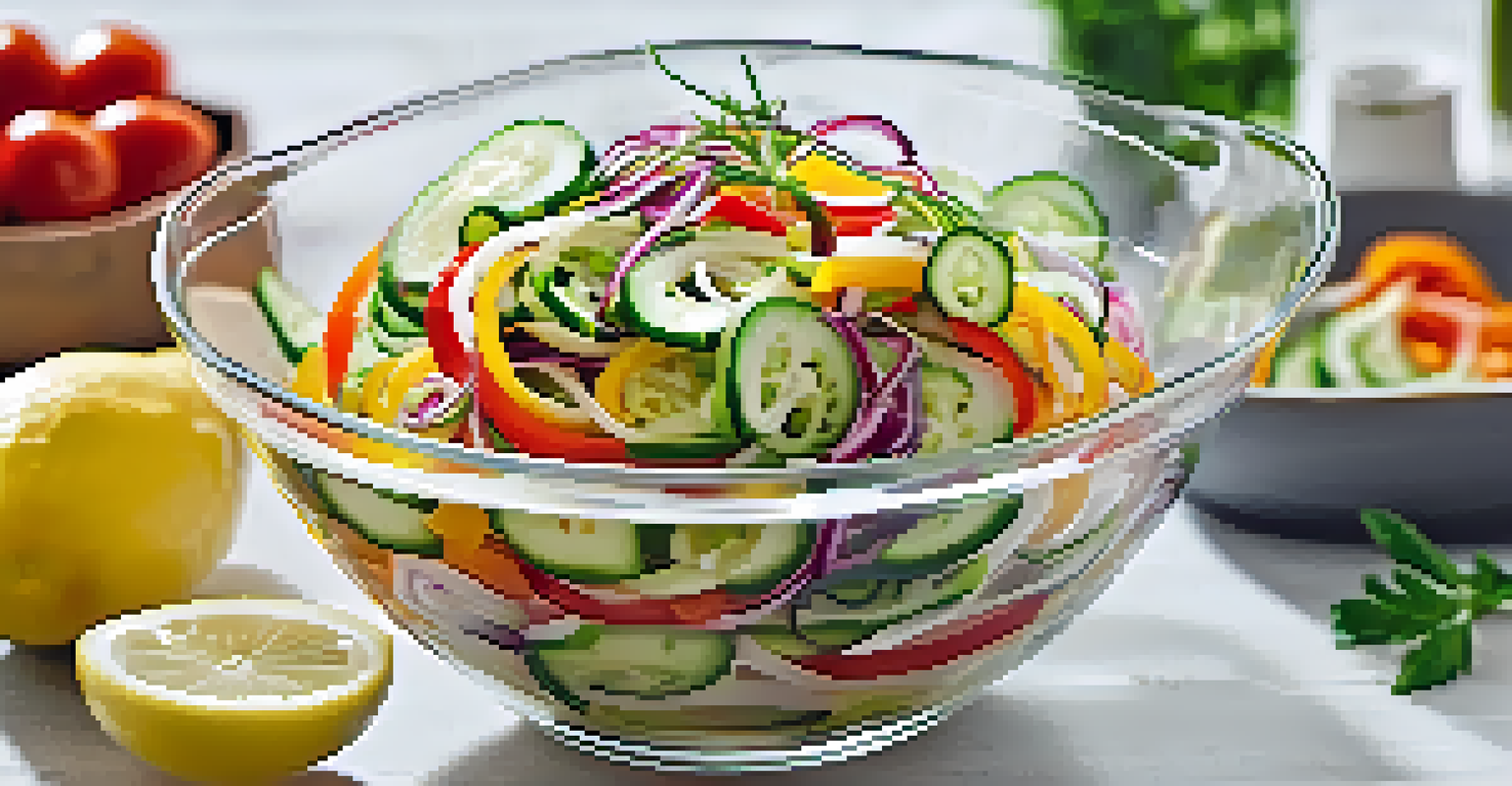 A clear glass bowl filled with a vibrant spiralized salad made of cucumber and bell pepper, dressed in vinaigrette, set against a blurred kitchen background.