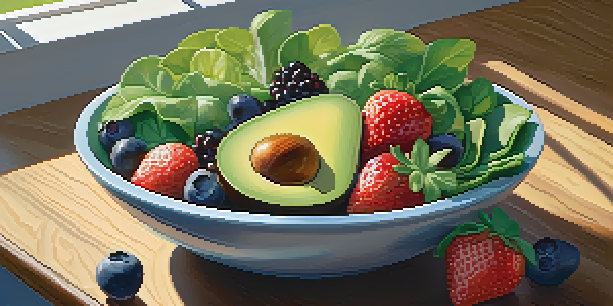 A colorful salad bowl filled with spinach, kale, avocados, and mixed berries, illuminated by natural sunlight.