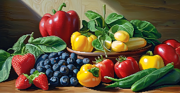 A colorful arrangement of fresh raw fruits and vegetables on a wooden table, including strawberries, blueberries, spinach, and bell peppers.
