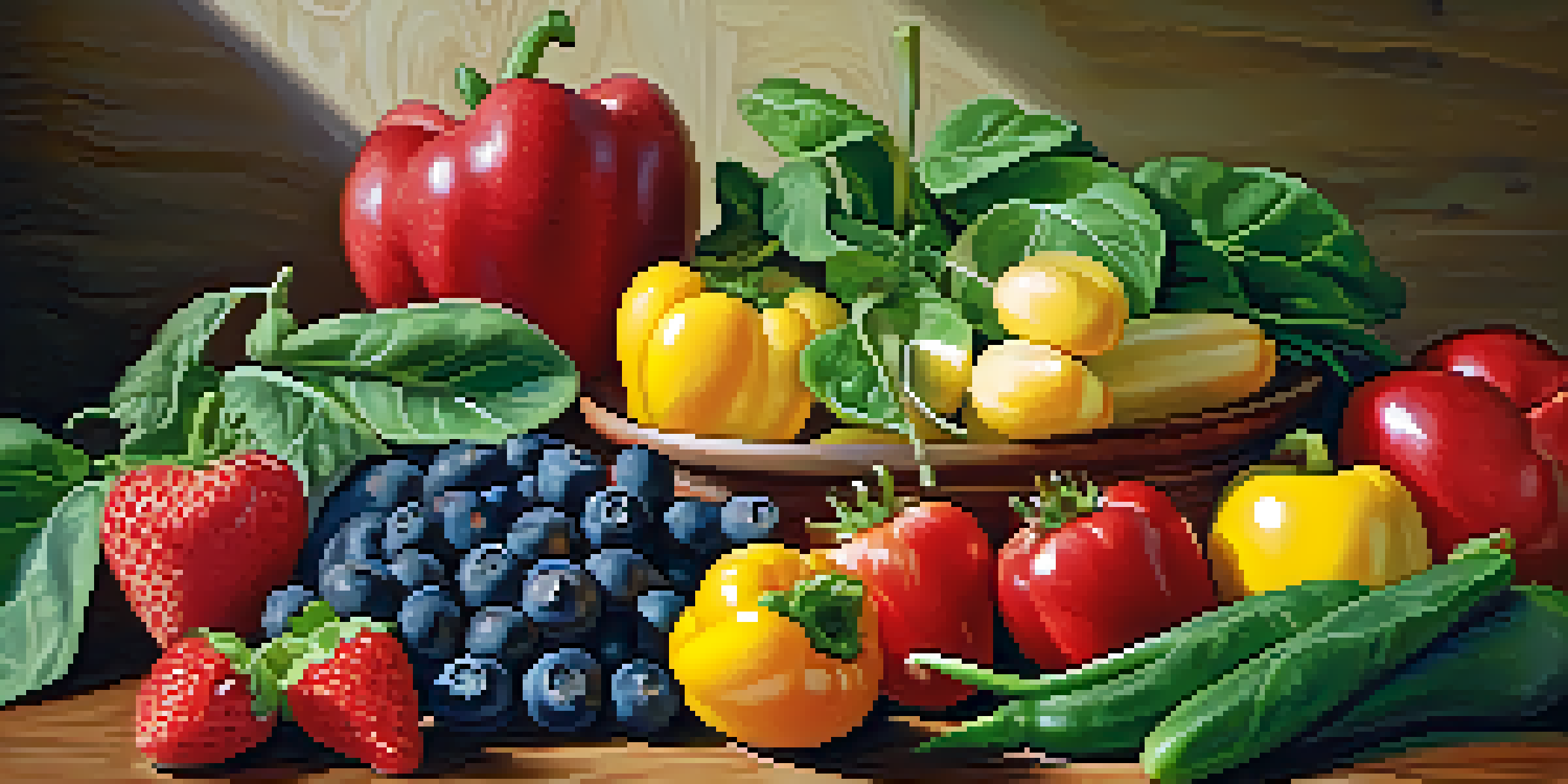A colorful arrangement of fresh raw fruits and vegetables on a wooden table, including strawberries, blueberries, spinach, and bell peppers.