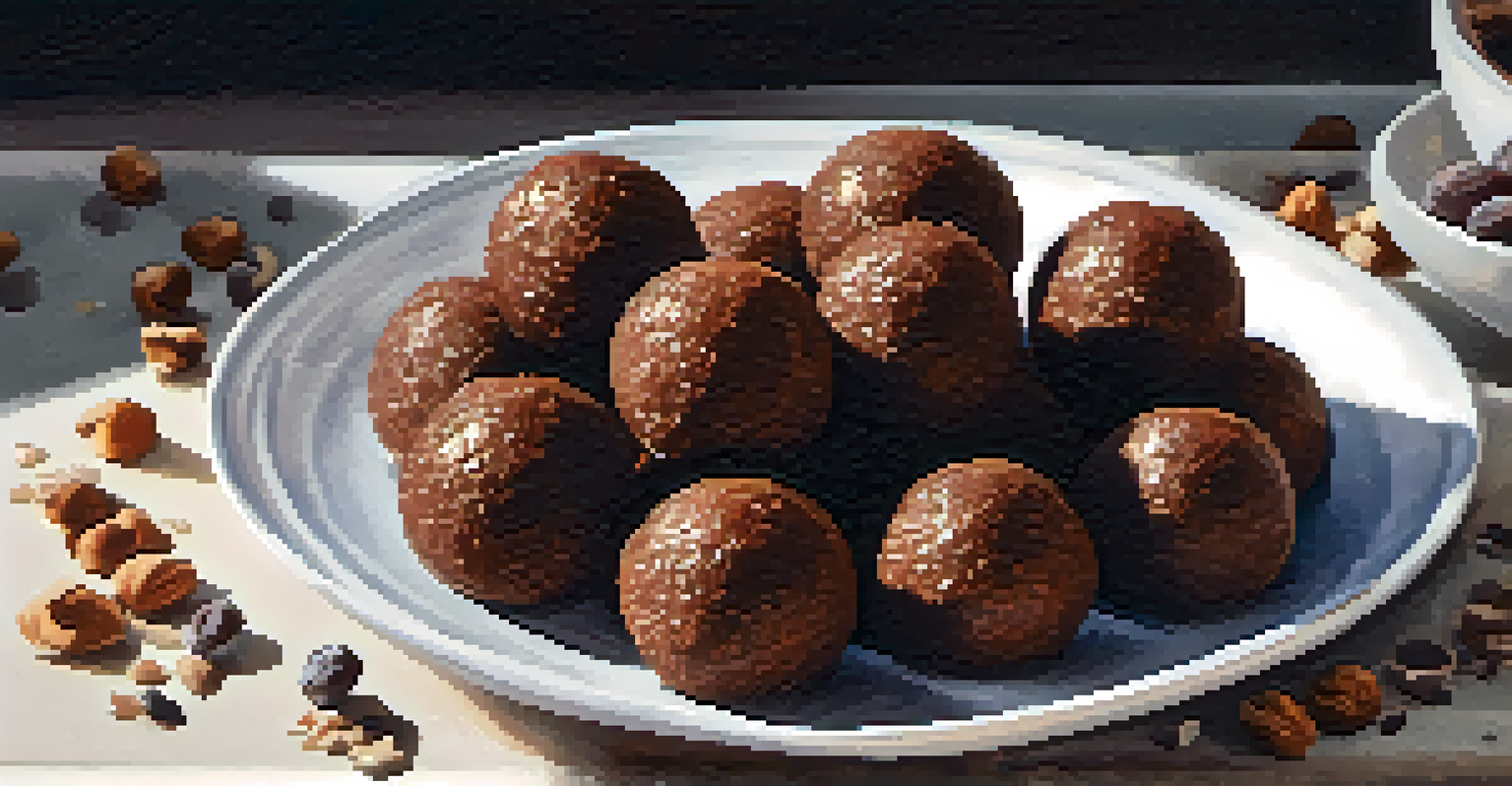 A close-up view of raw energy balls made from dates and nuts on a ceramic plate, with fresh fruit in the background.