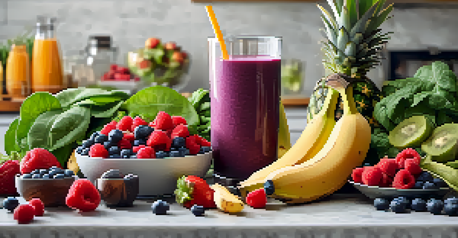 A close-up of a fruit and green smoothie in a clear glass, with spinach, bananas, and berries, set on a kitchen countertop surrounded by fresh produce.