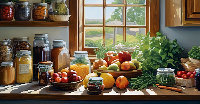 A bright kitchen filled with colorful fruits, vegetables, and whole grains on a wooden countertop, illuminated by sunlight.