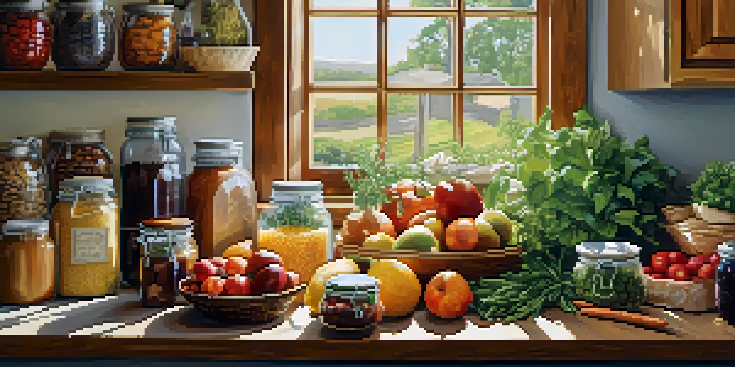 A bright kitchen filled with colorful fruits, vegetables, and whole grains on a wooden countertop, illuminated by sunlight.