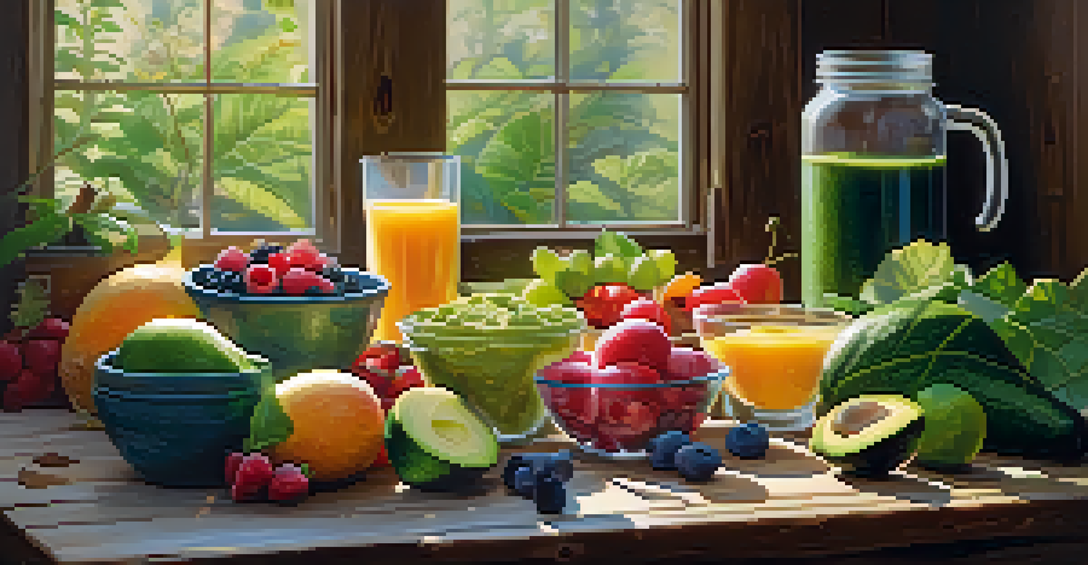 A colorful array of fresh fruits and vegetables displayed on a wooden table, illuminated by warm sunlight.