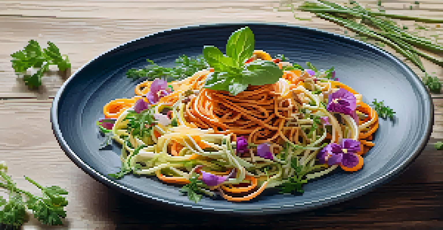 A gourmet raw food dish with spiralized vegetable noodles and nut-based sauce, beautifully plated with herbs and flowers, on a rustic wooden table.
