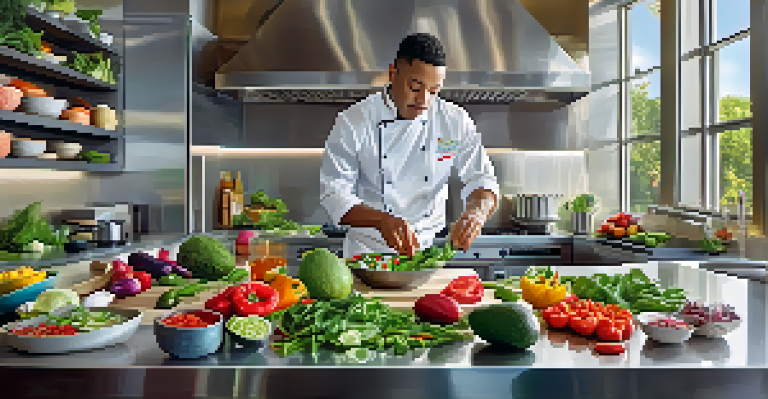 A chef in a modern kitchen preparing a raw food dish with fresh ingredients on the countertop.