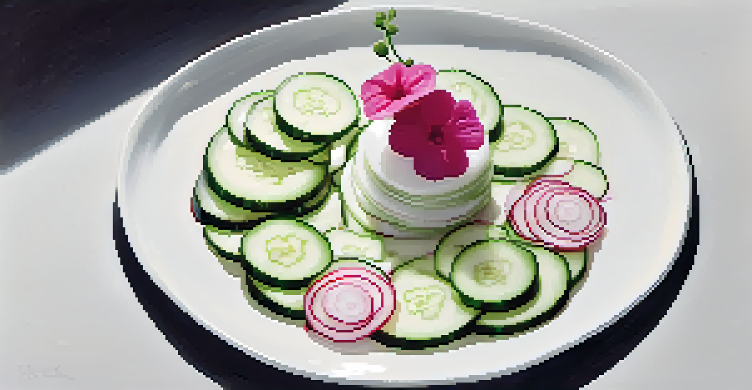 A minimalist raw food dish with a spiral stack of cucumber and radish slices on a white plate, garnished with edible flowers and balsamic reduction.
