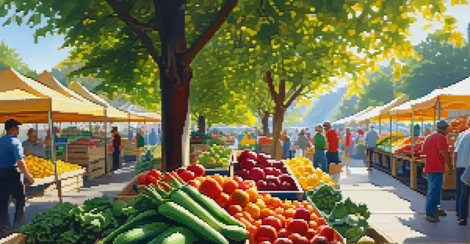 A bustling farmer's market filled with colorful organic fruits and vegetables, with sunlight filtering through trees and farmers interacting with customers.