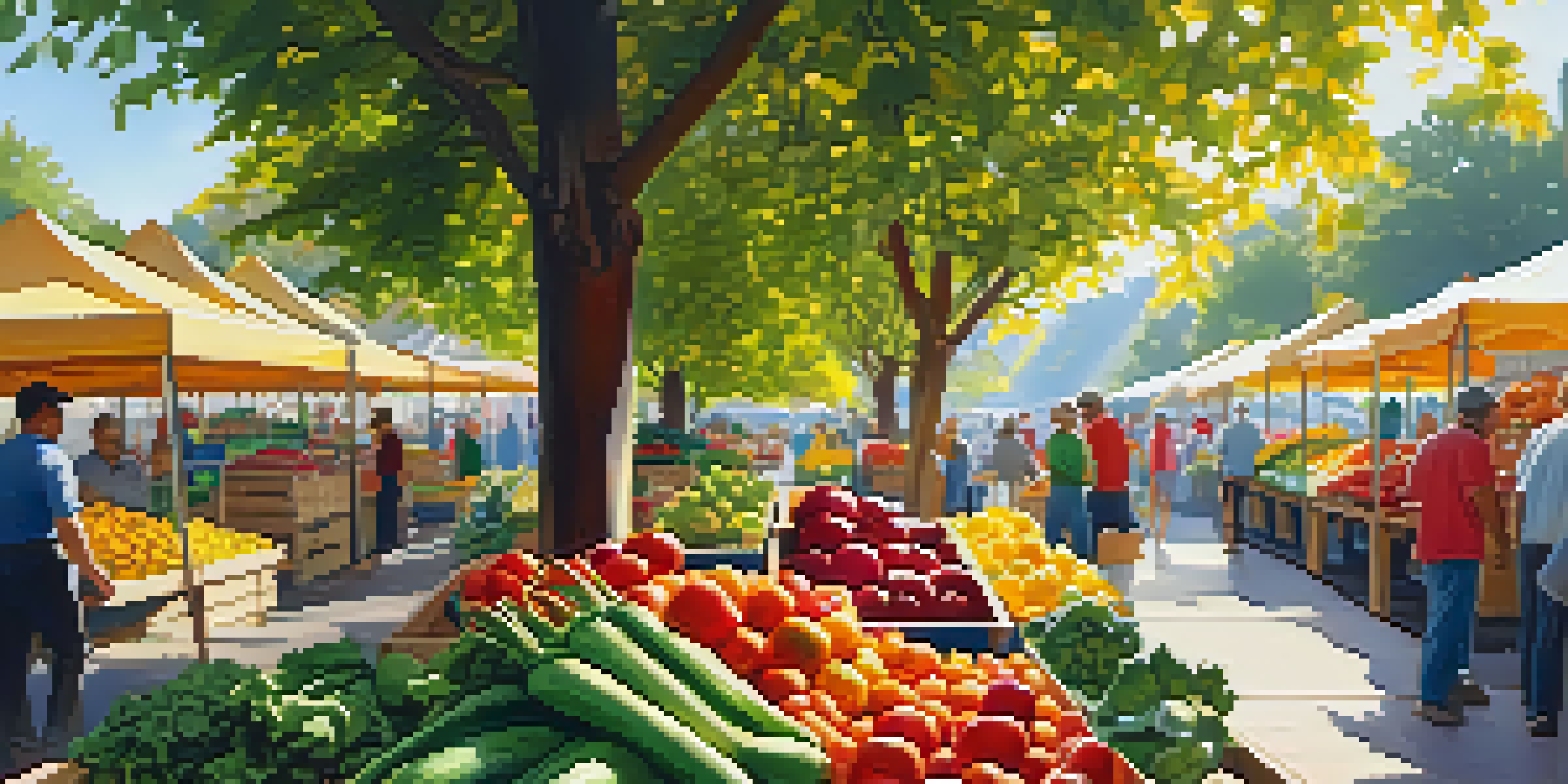 A bustling farmer's market filled with colorful organic fruits and vegetables, with sunlight filtering through trees and farmers interacting with customers.