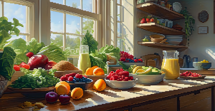 A bright kitchen showcasing an array of colorful raw foods including leafy greens, berries, and nuts, with a smoothie bowl in the foreground.