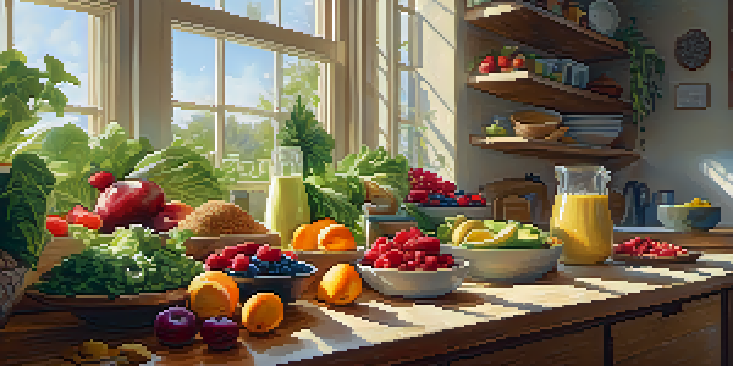 A bright kitchen showcasing an array of colorful raw foods including leafy greens, berries, and nuts, with a smoothie bowl in the foreground.