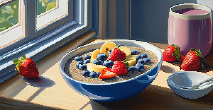 A colorful smoothie bowl with fresh fruits and chia seeds, placed on a wooden table with soft morning light.