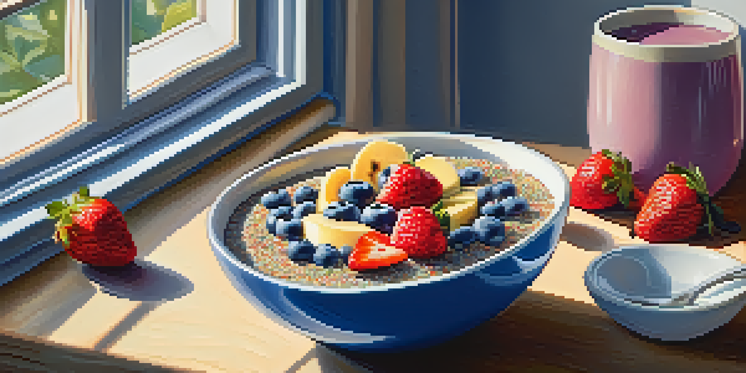 A colorful smoothie bowl with fresh fruits and chia seeds, placed on a wooden table with soft morning light.