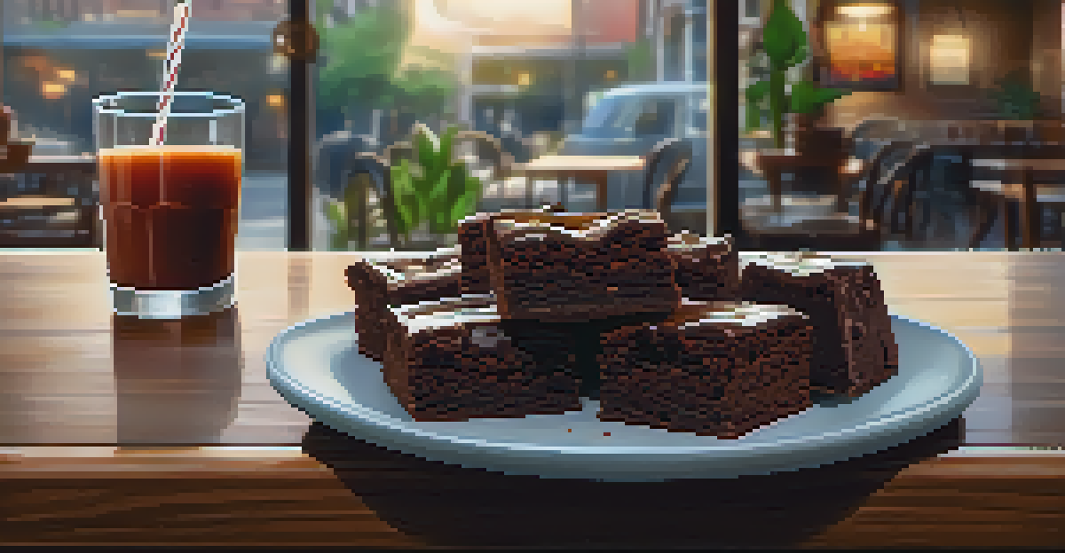 A cozy café scene featuring a plate of raw brownies and energy balls alongside a glass of cold-pressed juice on a wooden table.