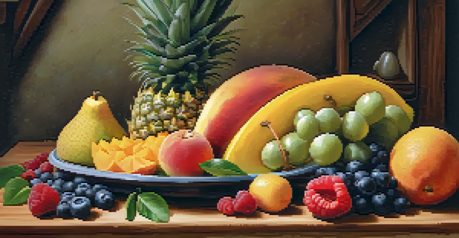 A wooden cutting board with a colorful assortment of raw fruits, including papaya, pineapple, and berries.