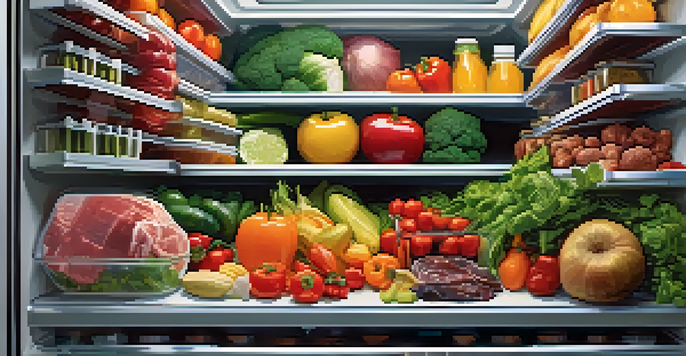 An organized refrigerator filled with colorful raw foods in glass containers, with visible labels displaying dates.
