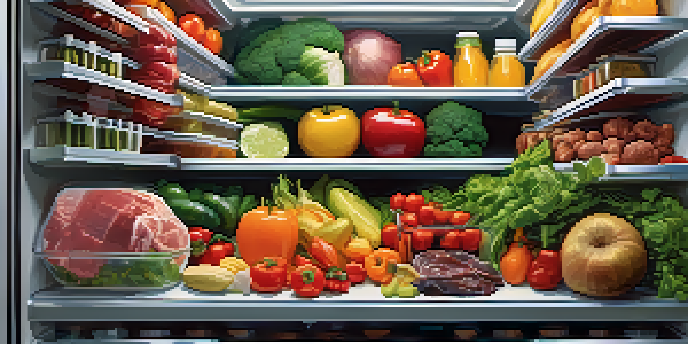 An organized refrigerator filled with colorful raw foods in glass containers, with visible labels displaying dates.