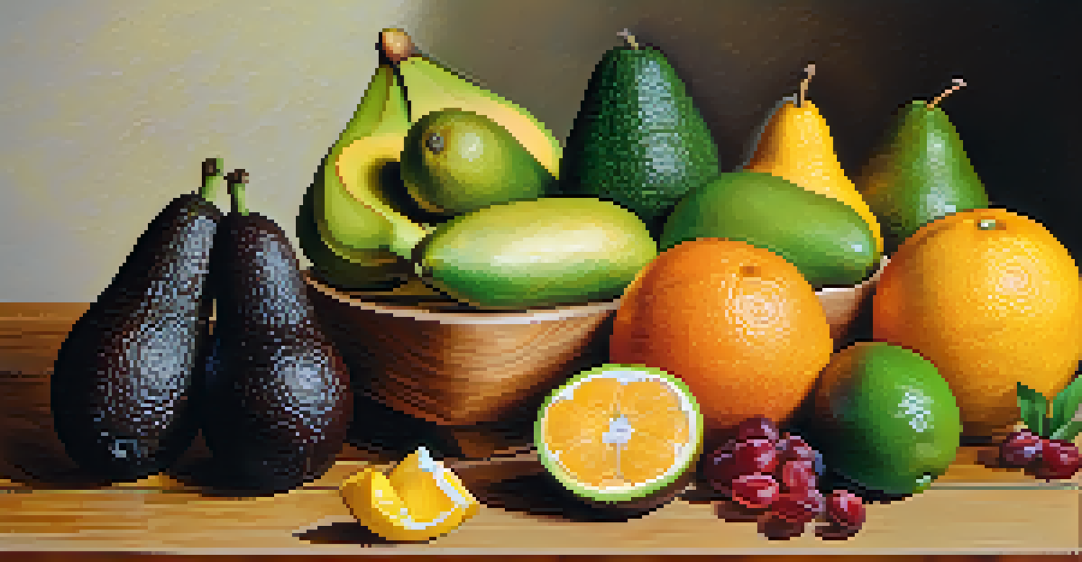 An artistic arrangement of fresh raw fruits including avocados, bananas, and citrus fruits displayed on a wooden table with natural lighting.