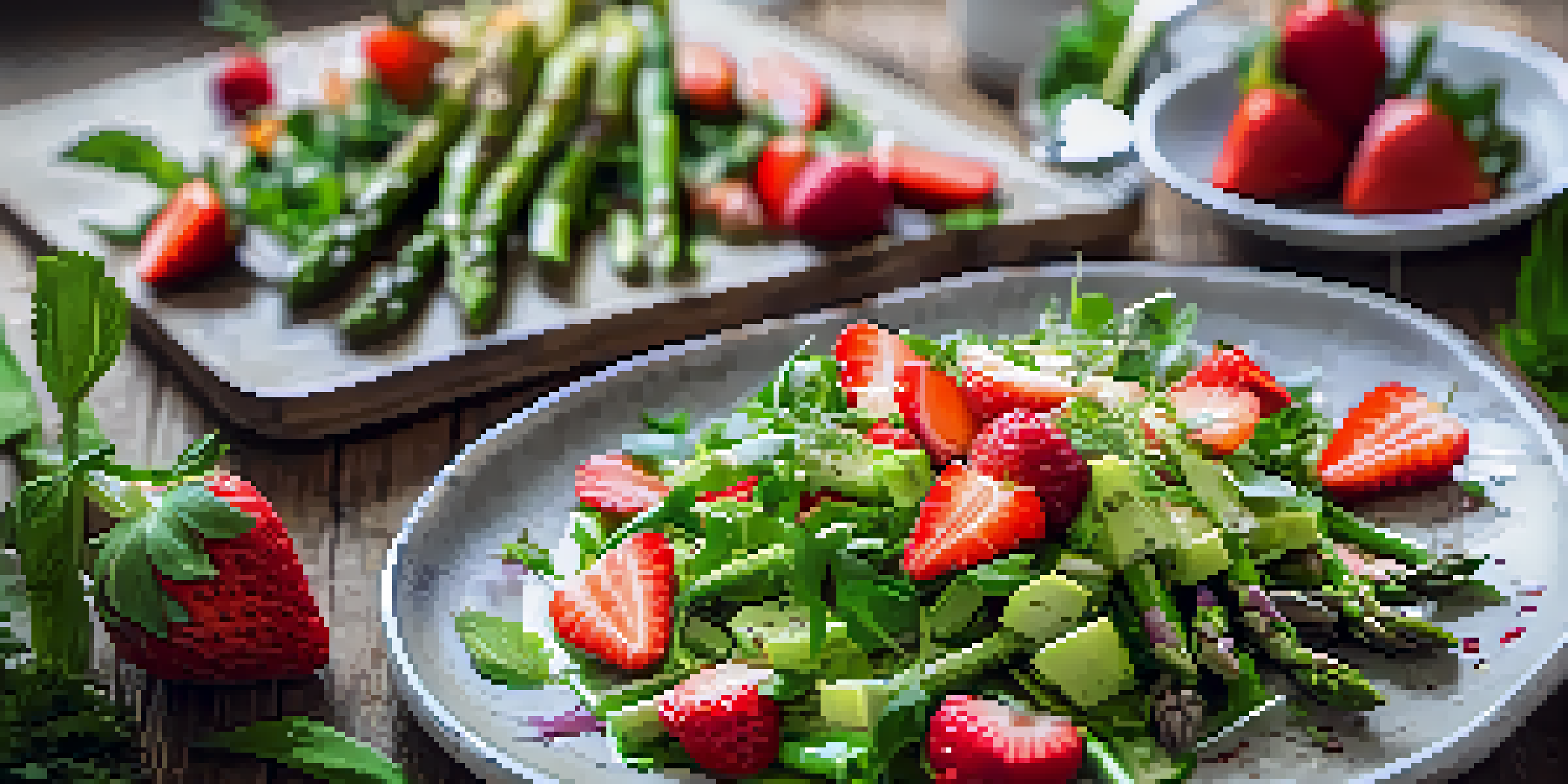 A fresh salad with green asparagus and red strawberries on a wooden table, drizzled with balsamic vinegar and garnished with herbs.