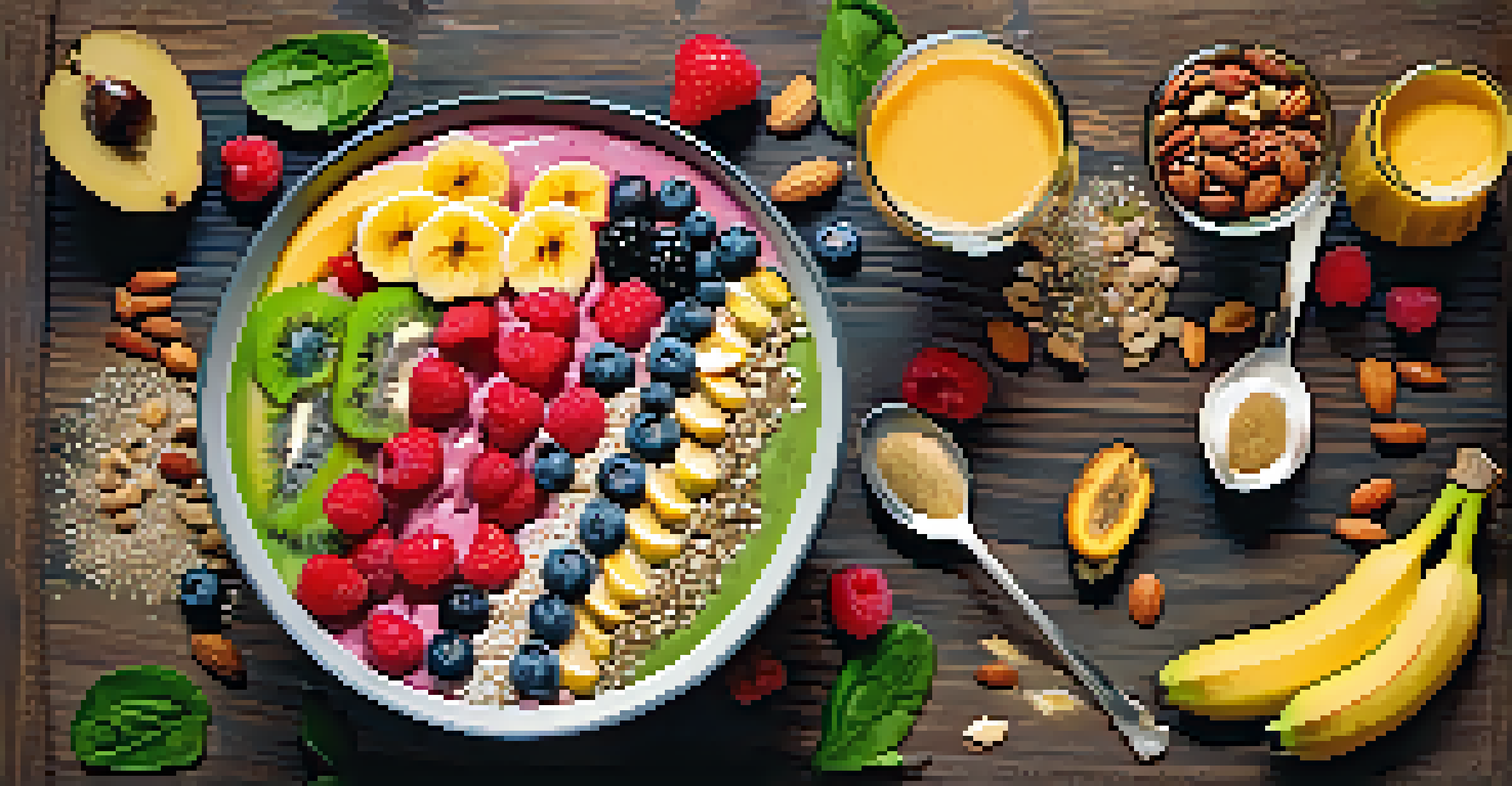 A close-up of a colorful raw food smoothie bowl topped with fruits and nuts, on a rustic wooden table.