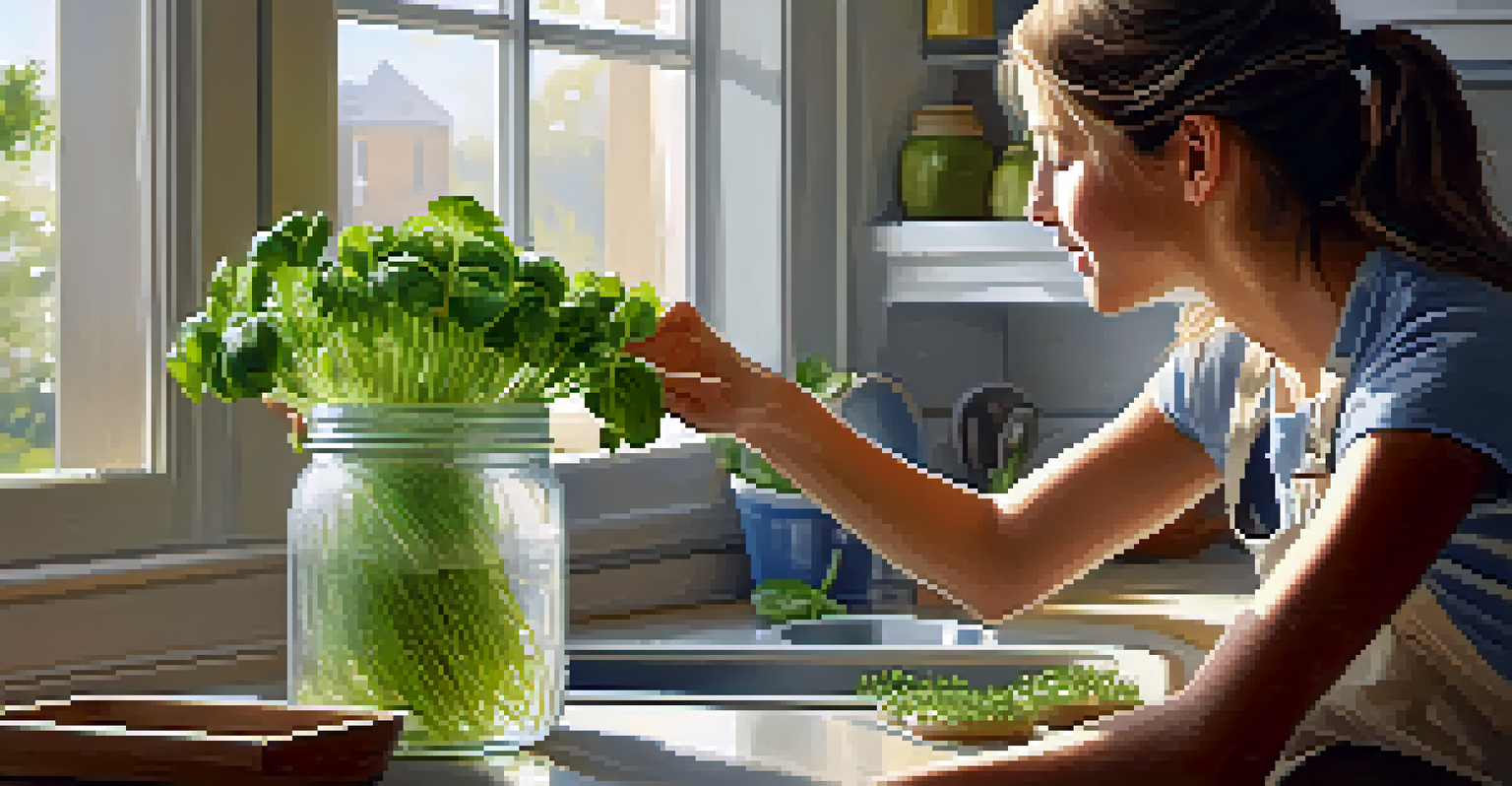 A person watering a jar of home-grown sprouts on a kitchen counter, with sunlight streaming in through a window.